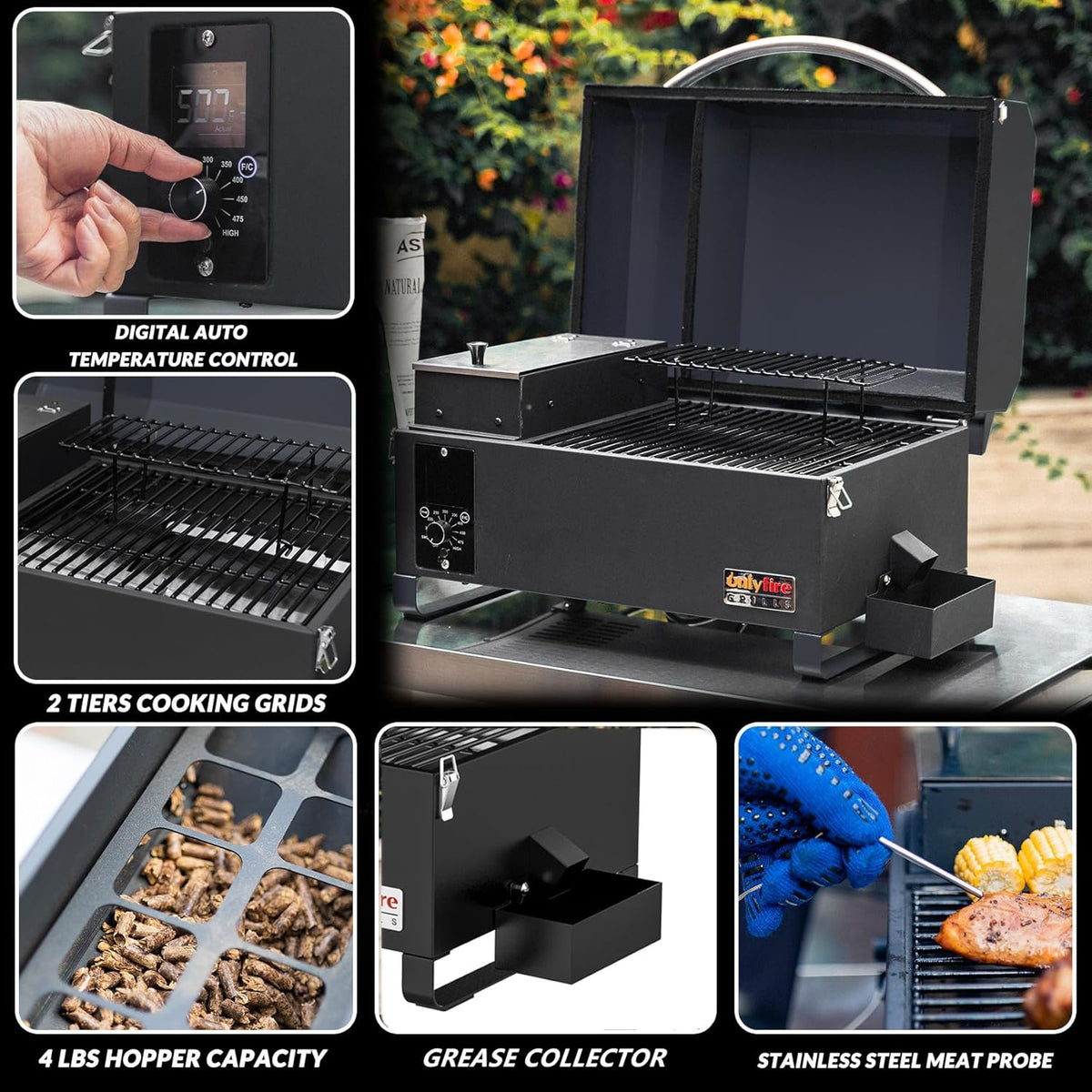 Onlyfire BBQ Wood Pellet Grill Smoker with Meat Probe, 2 Tiers Cooking Area, Portable Tabletop Grilling Stove for Outdoor Kitchen Cooking Smoke and Roast, RV Camping, Black GS314