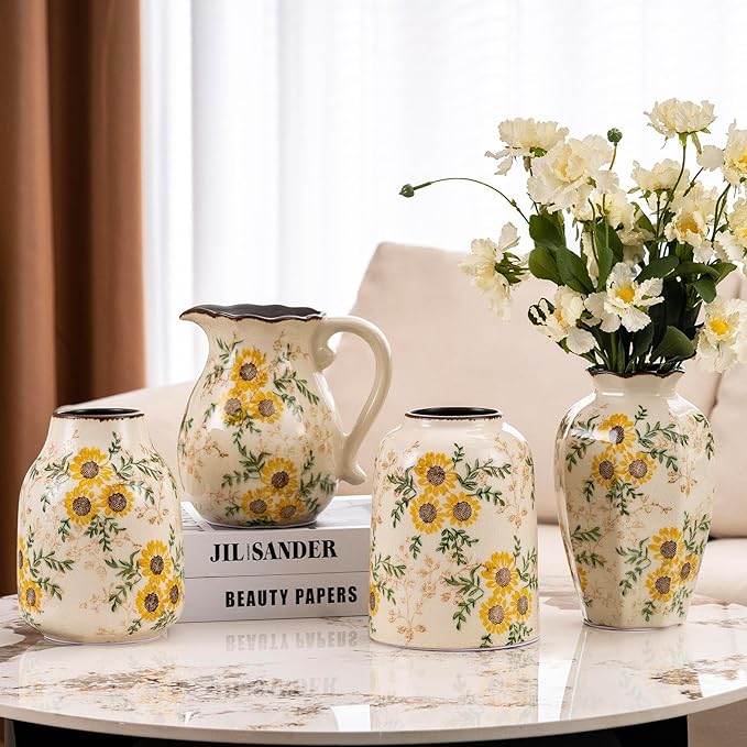 Hand-Painted Sunflower Vintage Ceramic Octagonal Vase, Green Yellow Beige Flower Vases for Bouquet, Fireplace Mantle, Table Centerpieces, Bookshelf, Office, Chinoiserie Floral Home Decorations 9.1 in