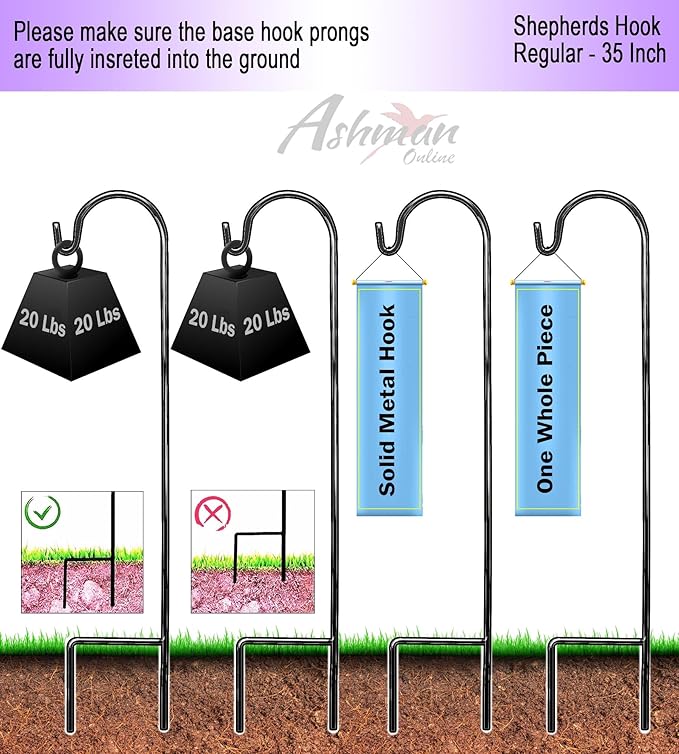 Ashman Shepherd's Hooks 35 Inch (36 Per Pack), Black, Made of Premium Metal for Hanging Solar Lights, Bird Feeders, Mason Jars, Christmas Lights, Lanterns, Garden Stakes and Wedding Décor.