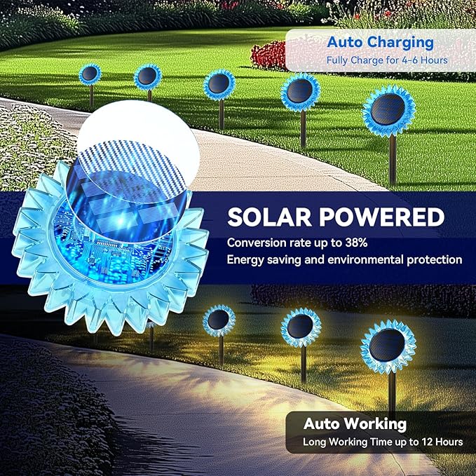 Hogni 6PK Solar Garden Lights, Ground Stake/Hang 2 in 1 Solar Sunflowers Outdoor Waterproof IP67, Outdoor Decor for Pathway Walkway Landscape Backyard Fence Decoration