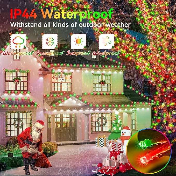 Hezbjiti 2 Pack 1000 LED 403 FT Christmas String Lights Outdoor, 8 Lighting Modes IP44 Waterproof Fairy Lights with Timer and Dimmable Function for Party Tree Decorations (Red+Green, Clear Wire)