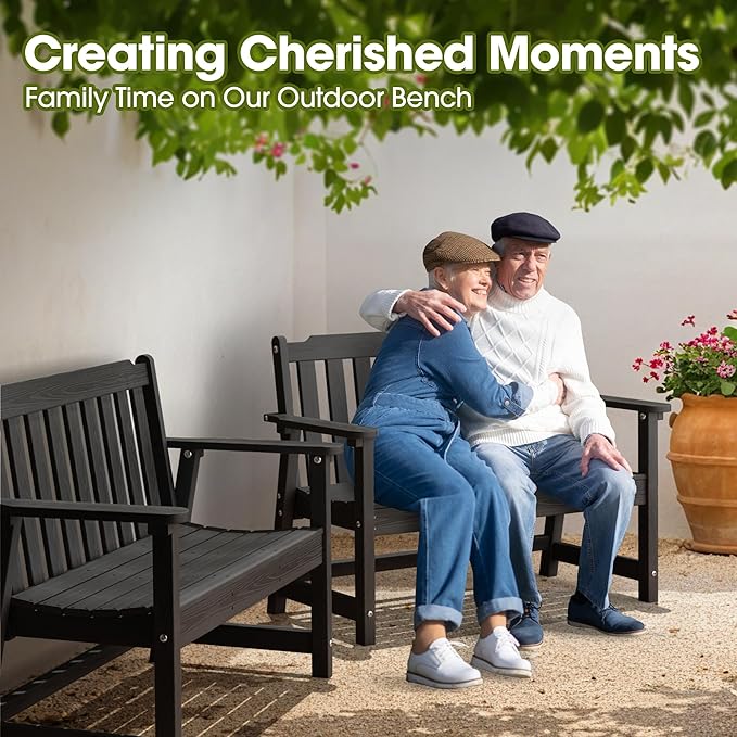 Ciokea 46" Heavy Duty Outdoor Bench Set of 2, HDPE Weatherproof Garden Bench, 2-Person Memorial Benches with 660 Lbs, Waterproof Patio Porch Benches for Outside Business Deck Office Backyard, Black