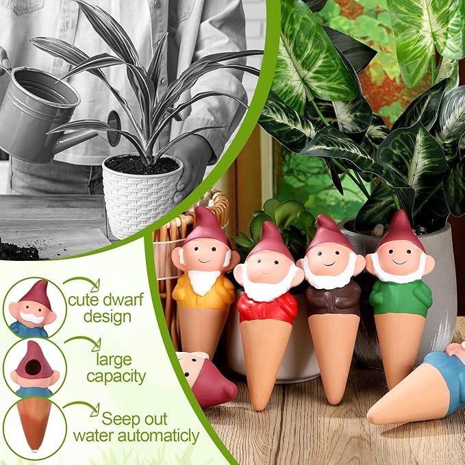 7 Pcs 3.4 Fl oz Terracotta Self Watering Spikes Cute Gnomes Auto Water Planter Insert Small Watering Globes Slow Vacation Waterer Devices Indoor Outdoor House Plant Accessories