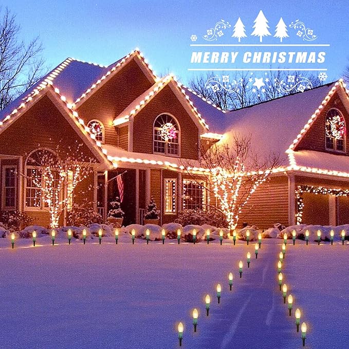 Christmas Pathway String Lights Outdoor - 25.7 Ft. C9 20 Clear Lights with 20 Stakes Connectable Waterproof for Indoor Xmas Party Holiday Commercial Decoration, Warm White
