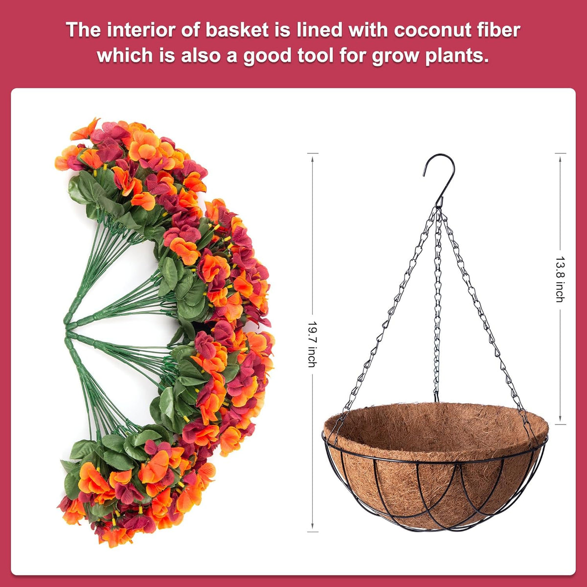 Fall Artificial Hanging Flowers with 12" Basket for Outdoor Decor, Fake Hydrangea UV Resistant Arrangements in Pot Planter Decor for Indoor Porch Garden Yard(Orange Brown)