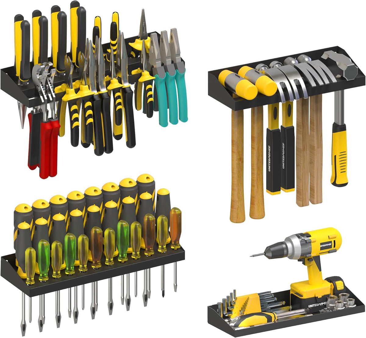 UNITEDPOWER Wall Mount Hand Tool Storage Set, Screwdriver Organizer, Pliers Holder, Hammer Rack, Metal Hardware Tray for Garage Workshop Workbench - 4 Pack