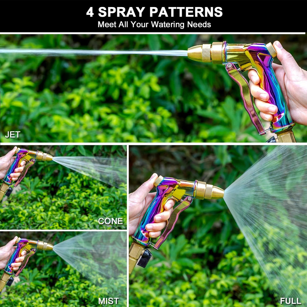 ESOW Heavy Duty Metal Garden Hose Nozzle, High Pressure Water Hose Nozzle with 4 Spray Patterns Rotating, Ideal for Outdoor Lawn & Garden Watering, Car & Pet Washing, Rainbow
