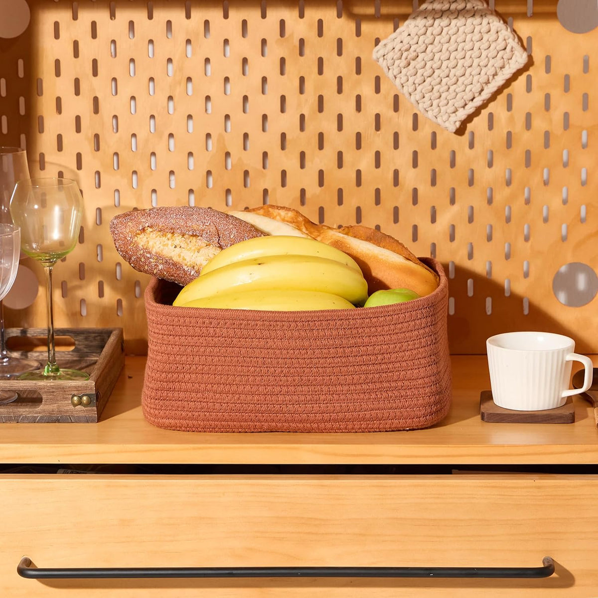 Small Storage Baskets for Organizing | Closet Organizer Bins | Shelf Toy Basket | Woven Rope Baskets | Cube Decorative Box | Shallow Basket | 11.5x7.5x4.7” | 4 Packs Oxide Red