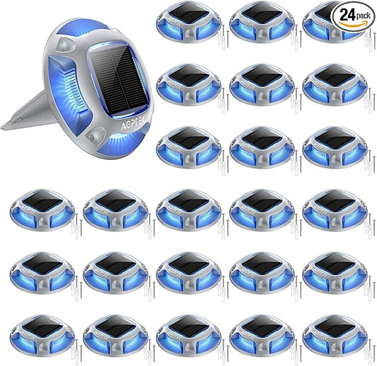 AGPTEK Solar Driveway Lights 24 Pack, 2 Colors in 1 Outdoor Solar Deck Dock Marine Waterproof LED Driveway Marker Security Lights for Outside Pathway,Boat Dock,Step,Walkway,Path,Garden