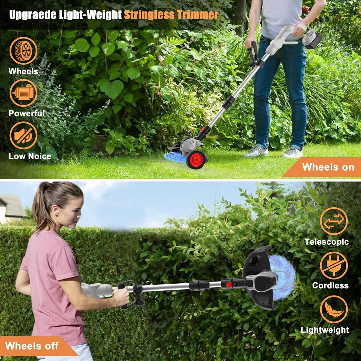 Electric Weed Wacker Cordless Eater Battery Powered, 21v Lightweight Weed Trimmer With 2 4.0Ah Battery Operated & Charger & Wheels & Shears, 3 In1 Grass Trimmer/Brush Cutter/Lawn Edger for Yard Garden