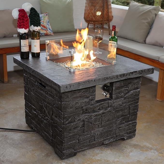 32" Outdoor Propane Fire Pit Table, Stone Fire Table Square Firepit w Glass Wind Guard(50,000 BTU), 2 Piece Slate Gas Fire Table in Deep Grey w Fire Glass, Rain Cover for Outside, Backyard
