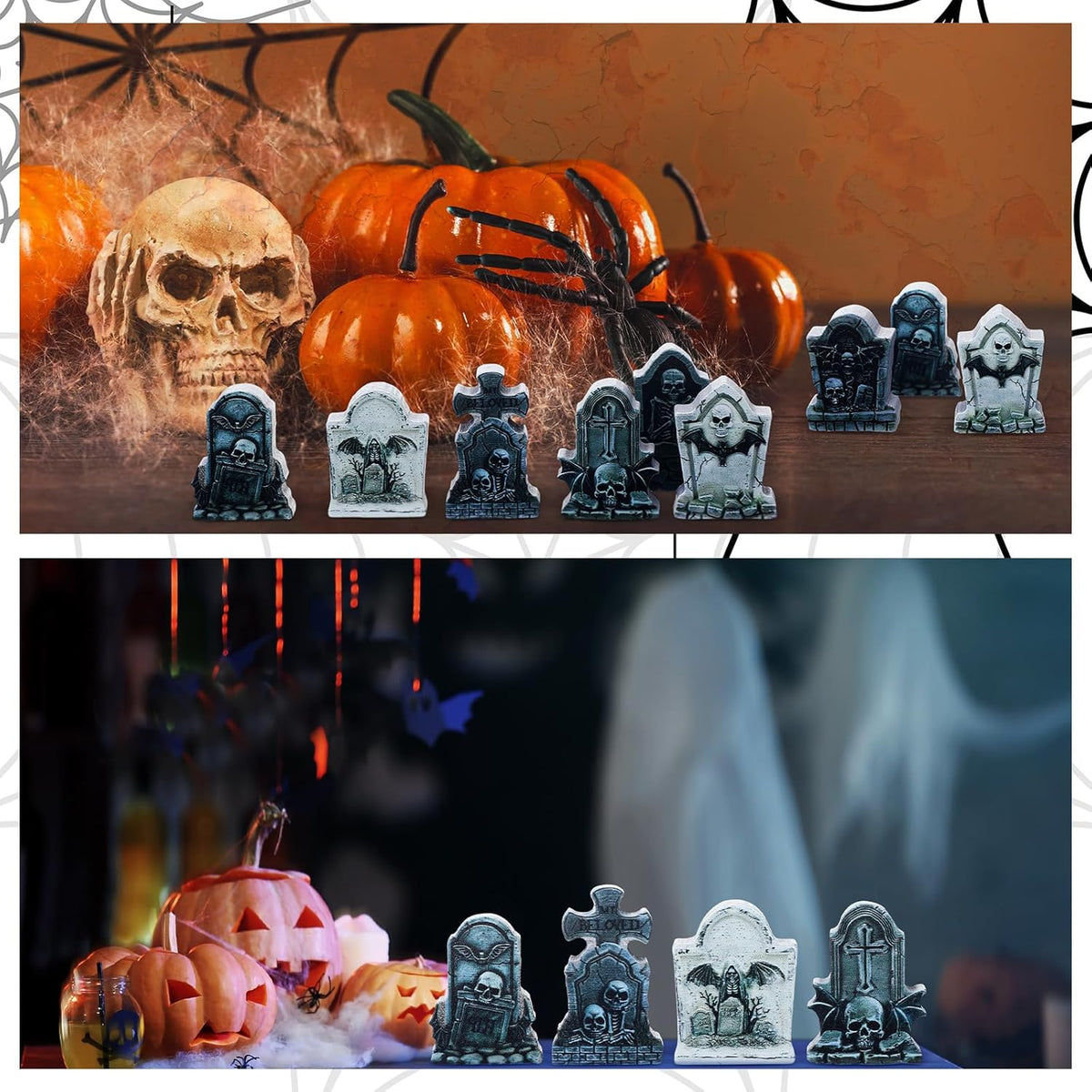 Kathfly 9 Pieces Halloween Miniature Tombstones Mini Village Tombstones Halloween Figurines Miniature Spooky Town for DIY Crafts Outdoor Home Garden Decor(Double Color Style)