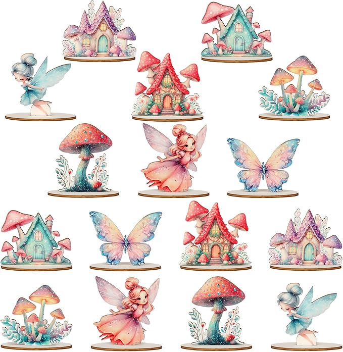 16 Pcs Fairy Party Decorations Wooden Fairies Centerpieces Table Topper Vintage Fairies Mushroom Butterfly Decorations for Home Table Woodland Forest Birthday Party Decor