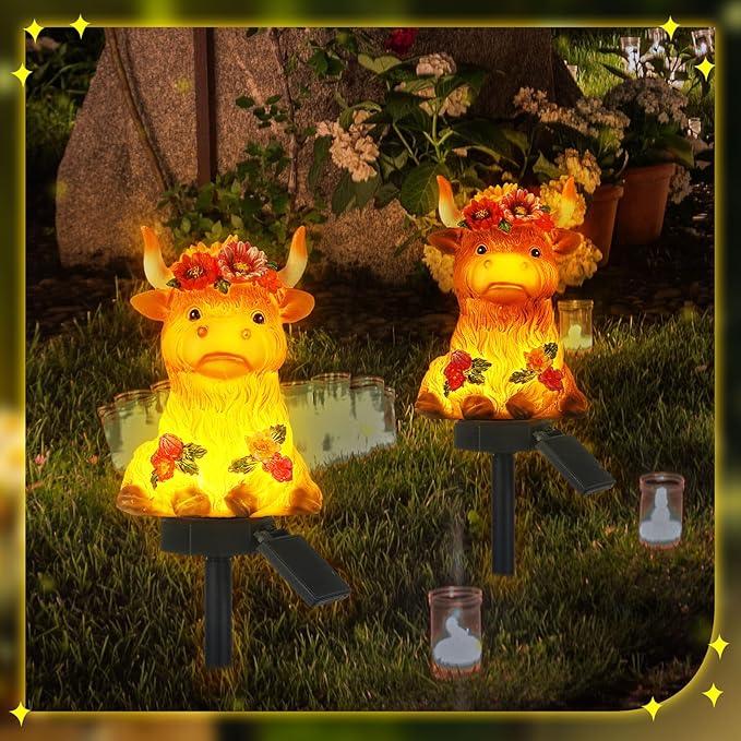 2 Pack Highland Cow Solar Lights Outdoor Garden Gnome Statues Resin Lamp Decor Waterproof Stake Lights Highland Cow Gifts for Yard Patio Lawn Decor