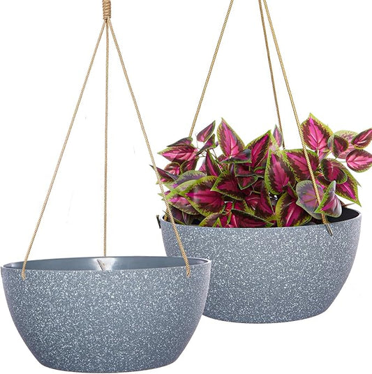 12 Inch 2 Pack Large Hanging Planters for Indoor Outdoor Plants, Plastic Hanging Basket Pots for House Plants Flowers, Grey