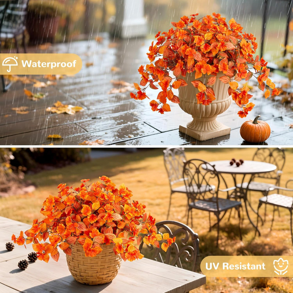 Fake Fall Flowers Artificial for Decoration 2PCS Faux Silk Fall Flowers Plants for Outdoors Outside Planters UV Resistant Looks Real for Front Door Porch Patio Garden Decor