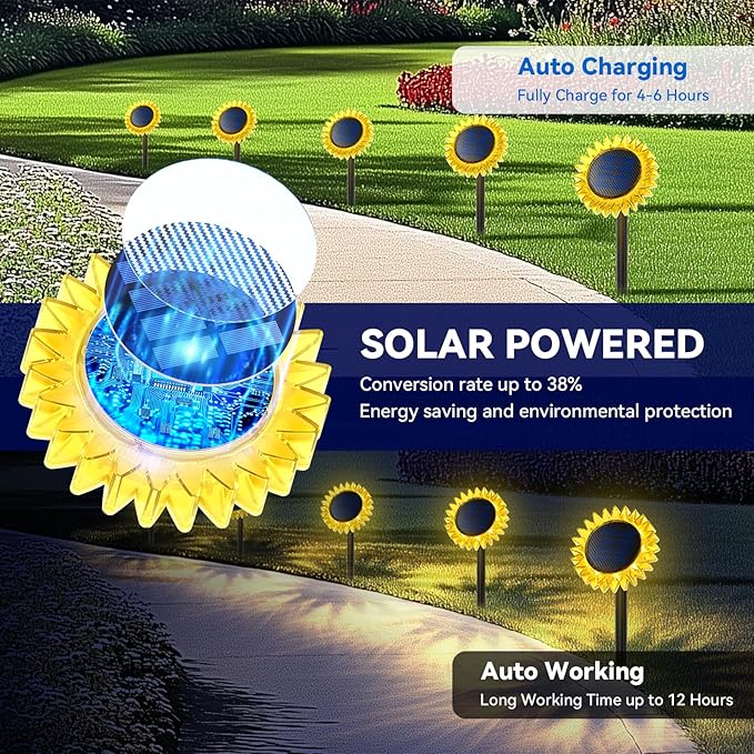 Hogni 4PK Solar Garden Lights, Ground Stake/Hang 2 in 1 Solar Sunflowers Outdoor Waterproof IP67, Outdoor Decor for Pathway Walkway Landscape Backyard Fence Decoration