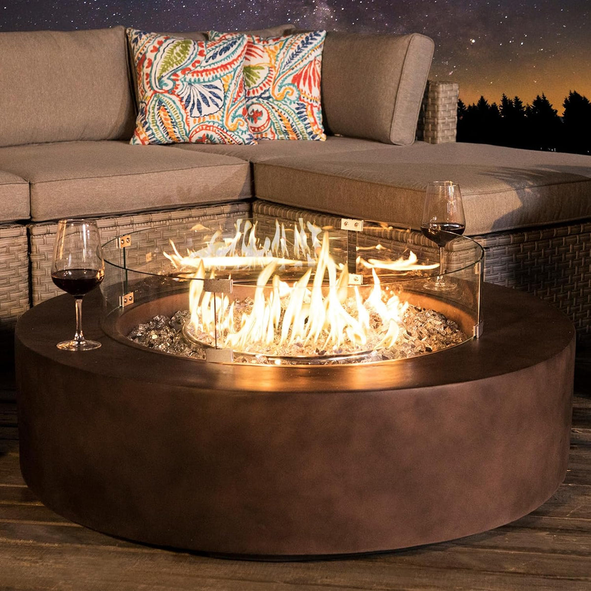 COSIEST Outdoor Propane Fire Pit Coffee Table w Bronze 42 inch Round Base Patio Heater, CSA Certified, 50,000 BTU Stainless Steel Burner, Wind Guard, Transparent Gray Fire Glass, Waterproof Cover