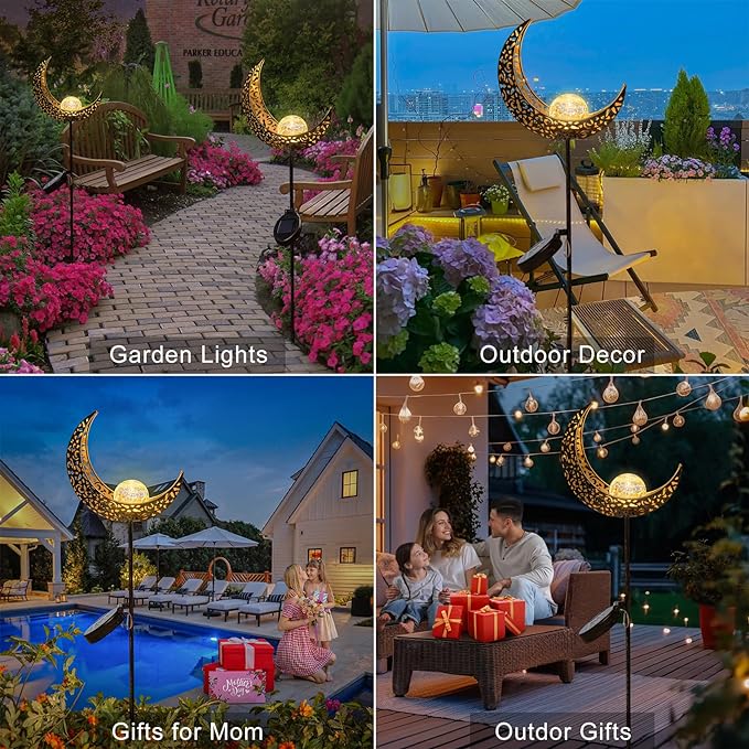 HOMEIMPRO 2Pack Moon Garden Solar Lights Outdoor Stakes Waterproof, Gifts for Mom, Crackle Glass Patio, Backyard Decorations, Balcony Lawn Ornaments, for Women Men Grandma (Bronze)