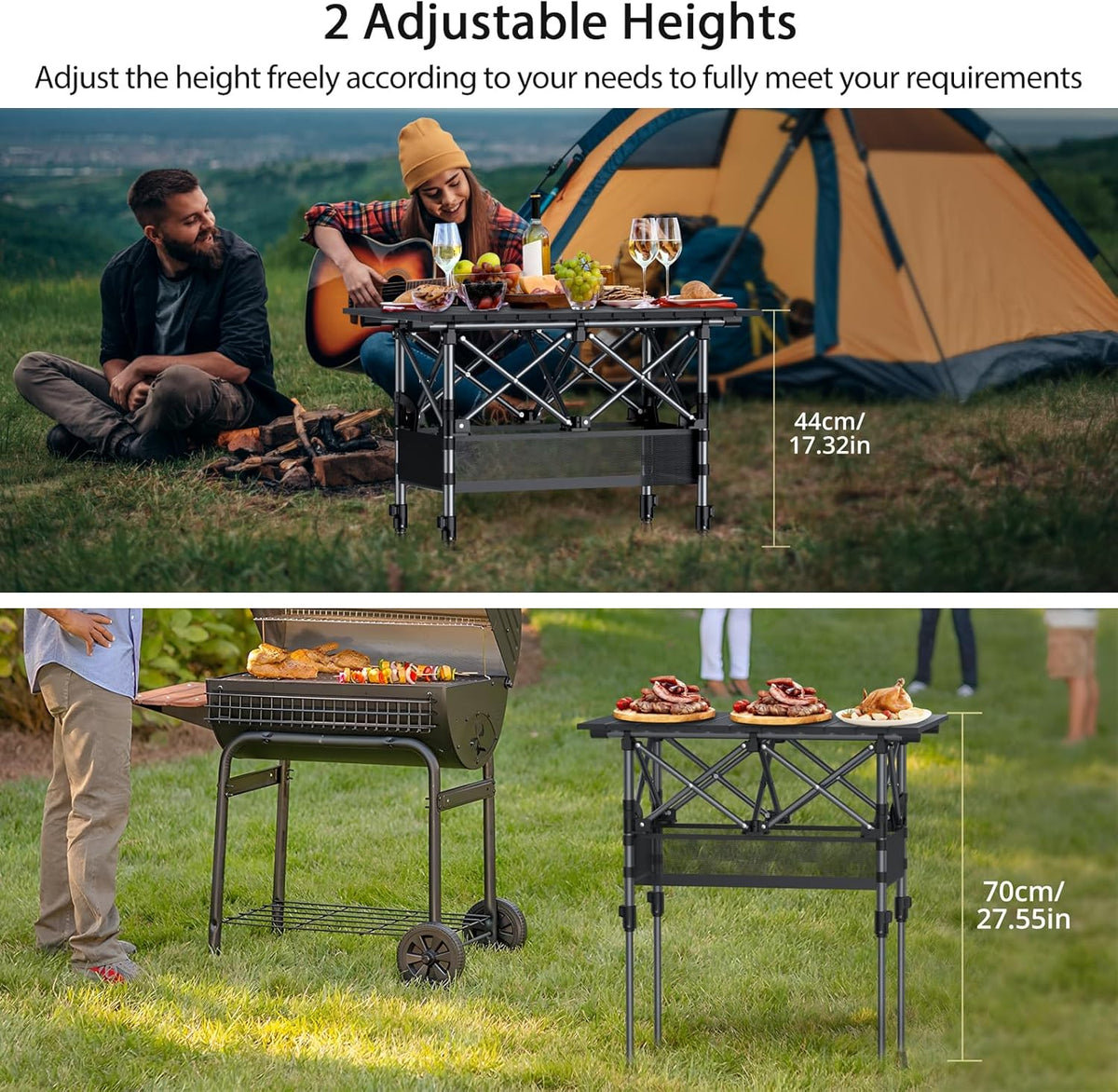 Folding Camping Table, Aluminum Roll Up Camping Table Adjustable Height with Storage Net and Bag, Lightweight Outdoor Table 25” X 16”, for Outdoor Travel BBQ Party Picnic, Black