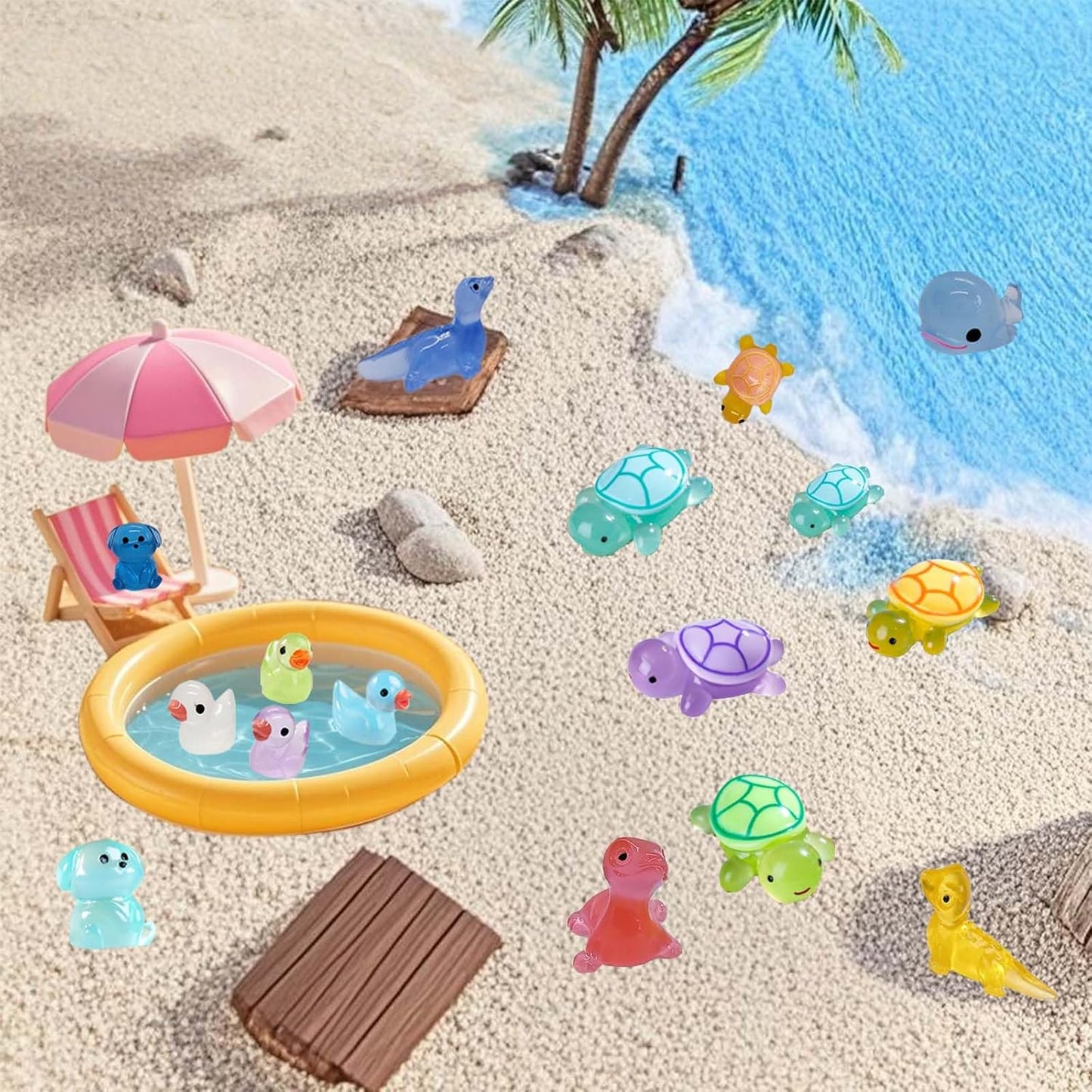 60pcs Mini Resin Animals Luminous Tiny Small Animals Figures Variety Pack Glow in The Dark Ducks Rabbits Ect 11 Type Little Figurines to Hide for Miniature Landscape Potted Fairy Garden & Aquarium