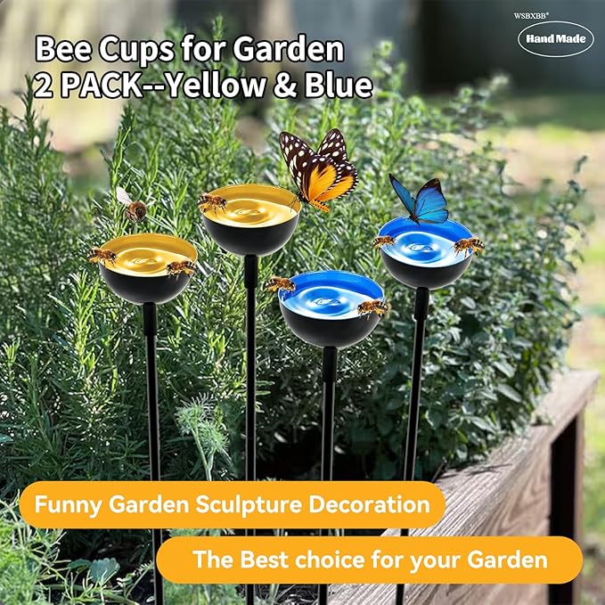 2 Pack Bee Cups For Garden, Bee Waterer And Butterfly Water Stations, Bee Water Catcher Cups For Thirsty Pollinators, Bee Bath, Colorful Metal Garden Sculpture Stakes Decor, Bee Houses For The Garden
