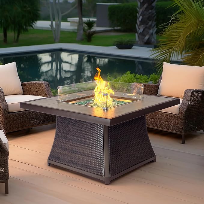 42" Outdoor Fire Pit Table for Patio, Propane Fire Pit Coffee Table with Square Base Patio Heater, CSA Certified, 50,000 BTU Stainless Steel Burner