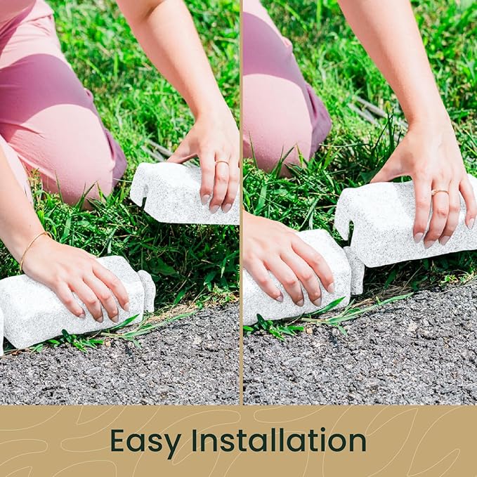 Beuta Landscape Edging | Garden Edging Border | No Dig Faux Stone Bricks & Spikes for Lawn Edging, Flower beds, Pathways & Yards – 4 Packs | Each Pack Has 6 Bricks 48" Lx 4" W x 2.25" H|Limewash