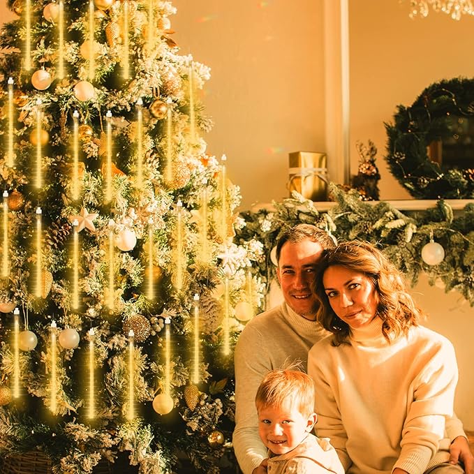 Christmas Meteor Shower Lights Outdoor - 12 Inch 10 Tube 360 LED Falling Rain Snow Icicle Cascading Light for Xmas Tree Garden Roof Eaves Decoration