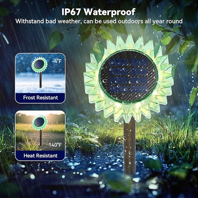 Hogni 6PK Solar Garden Lights, Ground Stake/Hang 2 in 1 Solar Sunflowers Outdoor Waterproof IP67, Outdoor Decor for Pathway Walkway Landscape Backyard Fence Decoration