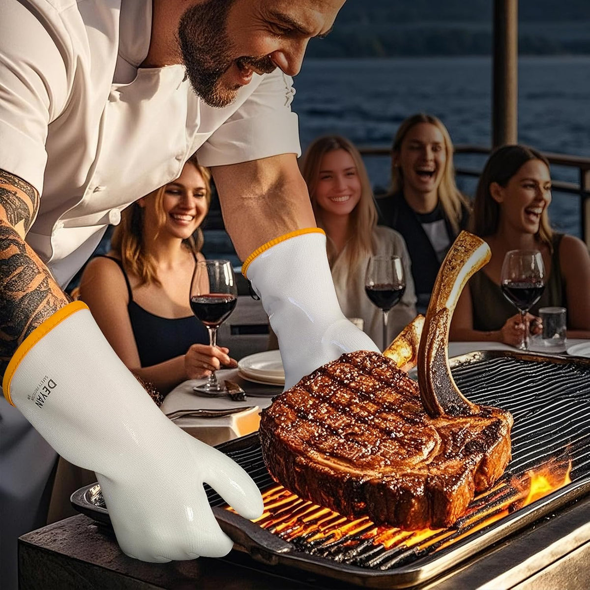DEYAN Silicone BBQ & Oven Gloves - Food Grade, Heat Resistant Waterproof & Oil Proof Gloves for Grilling, Baking, Frying, Cooking - Long Sleeve & Non-Slip Grip, 1 Pair (White, 8/M)