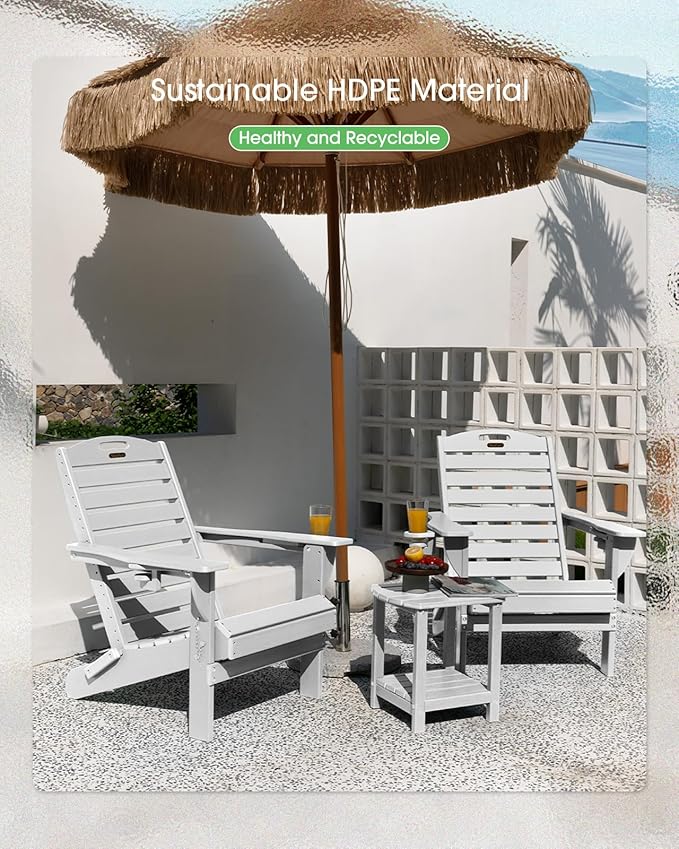 Adirondack Chairs Set of 2, Outdoor Fire Pit Chairs, HDPE All-Weather Adirondack Chairs with Cup Holder, Lawn Chair for Deck, Patio, Garden (White)