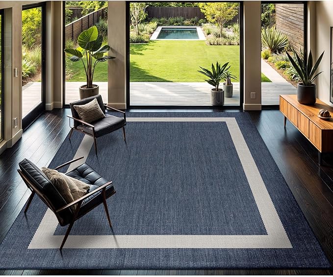 CAMILSON Outdoor Rug 8x10, Modern Outside Rugs for Patios Porches Waterproof Durable Washable Non-Shedding, Easy-to-Clean Indoor Outdoor Area Carpet (8 x 10, Bordered - Blue/White)