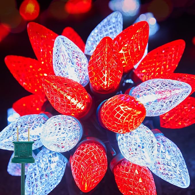 Brightown C9 LED Christmas String Lights, 66ft 100 LED Waterproof Strawberry String Lights, Plug-in Extendable Green Wire Lights String for Outdoor Outside Patio Party Decoration, Red and White