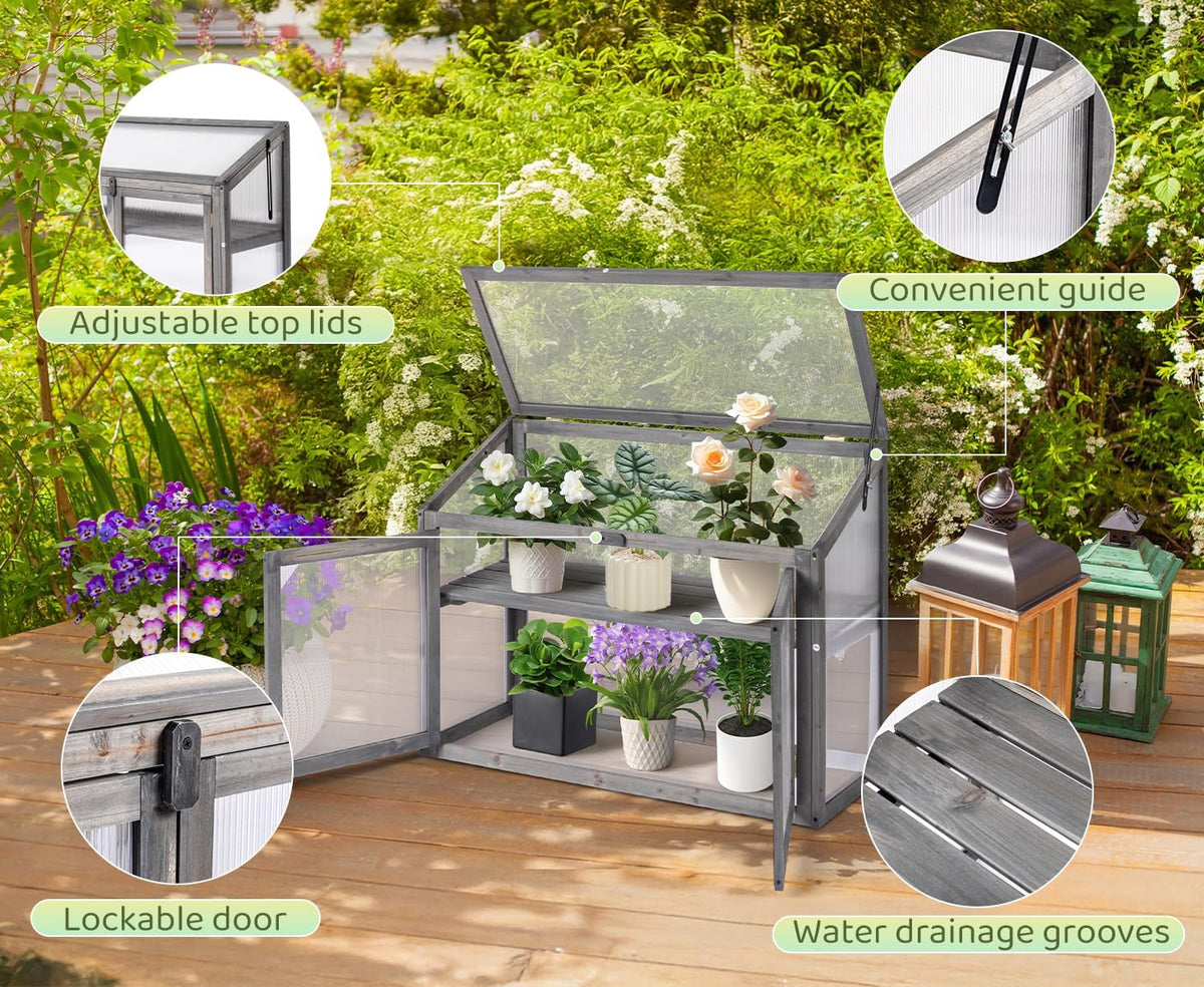 VINGLI Cold Frame Greenhouse, Mini Wooden Green House with Flip-Top Roof, Raised Flower Planter Shelf, Small Lockable Wood Cabinet for Plants Indoor Outdoor (Grey, 35.43" x 14.37" x 27.36")