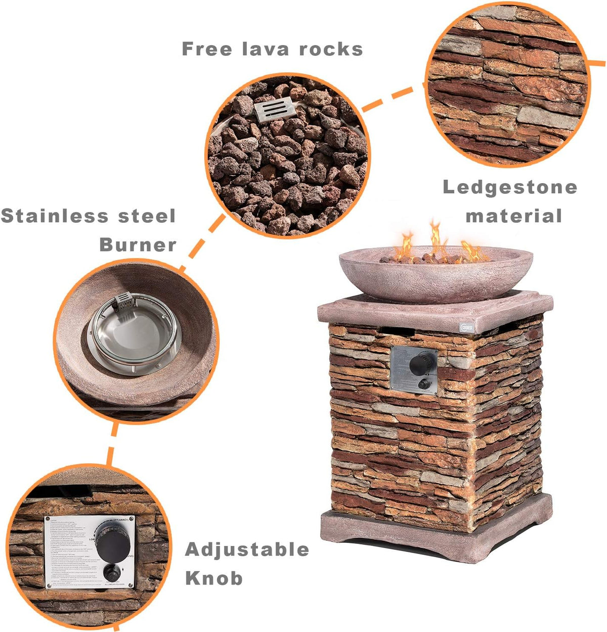 COSIEST Outdoor Propane Fire Pit Table w Faux Brown Compact Ledge Stone 20" Square Base and Faux Rose-Marble Round Bowl, CSA Certified, 40,000 BTU, Free Lava Rocks, Fits 20lb Tank Inside, Raincover