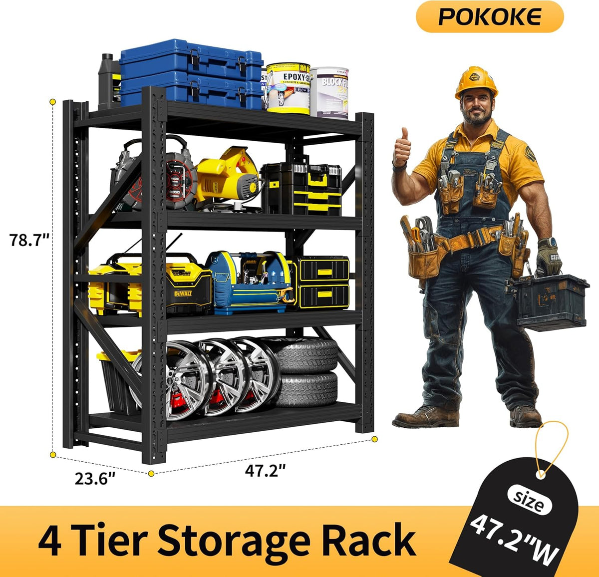 Garage Shelving Unit, 4 Tier Heavy Duty Racks, Easy Assembly, Metal Racks with Adjustable Shelves, 3000 LBS Load Capacity,for Warehouse,Basement (Black, 23.6" D x 47.2" W x 78.7" H)