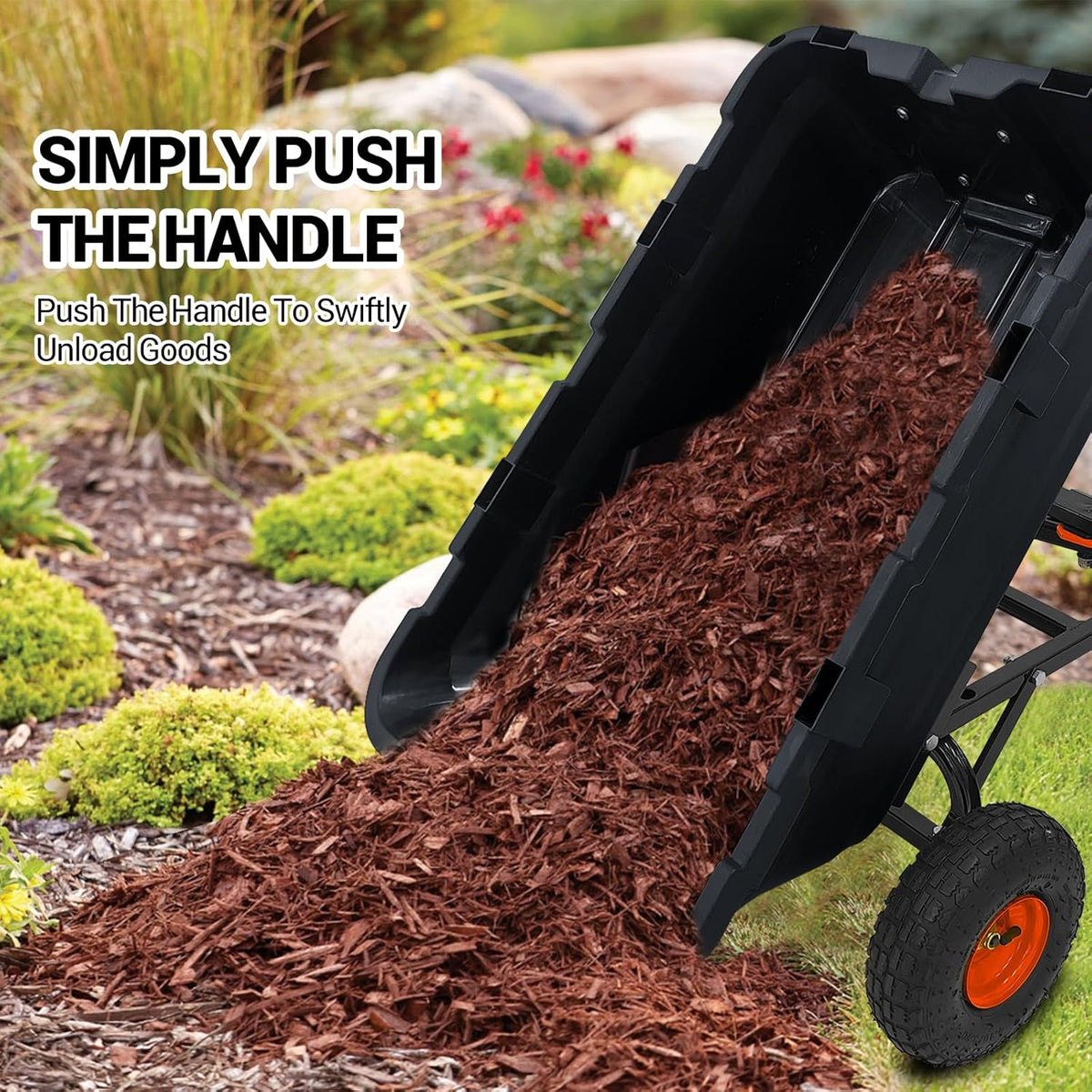 Garvee 800 lbs Poly Garden Dump Cart, Heavy-Duty Wheelbarrow with 10-Inch Tires, 180° Rotating Handle, Steel Frame and Quick Release System Garden Dump Cart for Soil Plants Gardening Tools Wood
