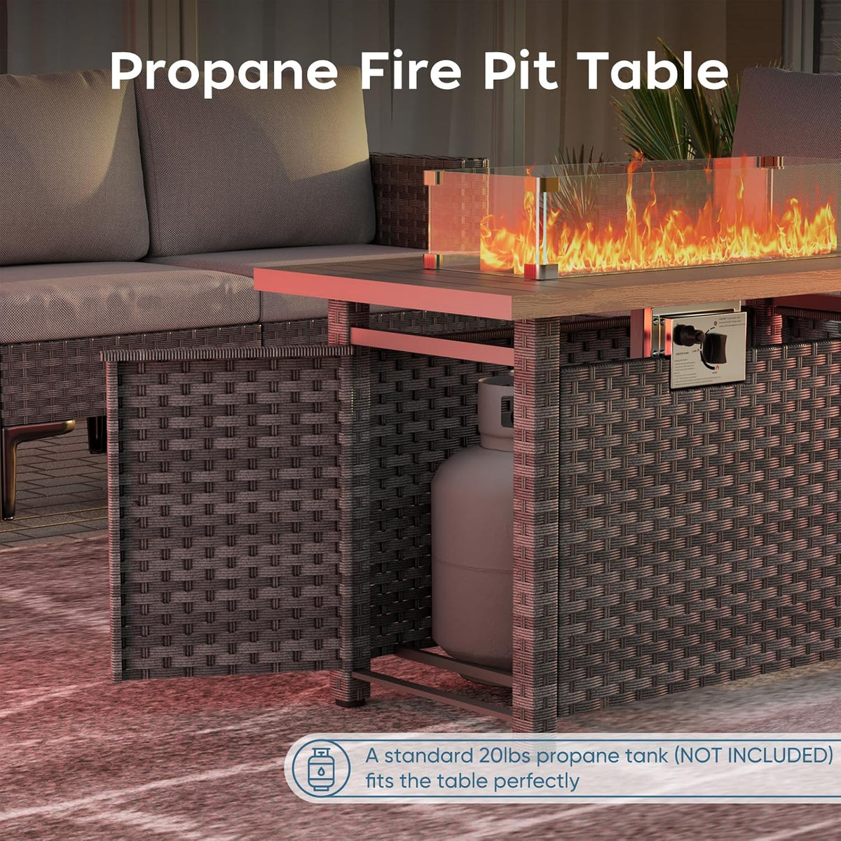 Propane Fire Pit Table Outdoor,44" 60000BTU Auto-Ignition Fire Table with Wind Guard Square Large Wicker Firepits for Porch Garden(Grey,CSA Certified)