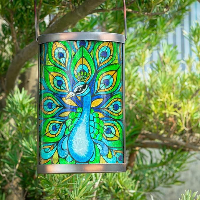Hanging Solar Lantern Outdoor Waterproof LED Solar Lights Peacock Decorative Solar Lanterns Tabletop Lamp for Outdoor Patio Garden Yard Decor