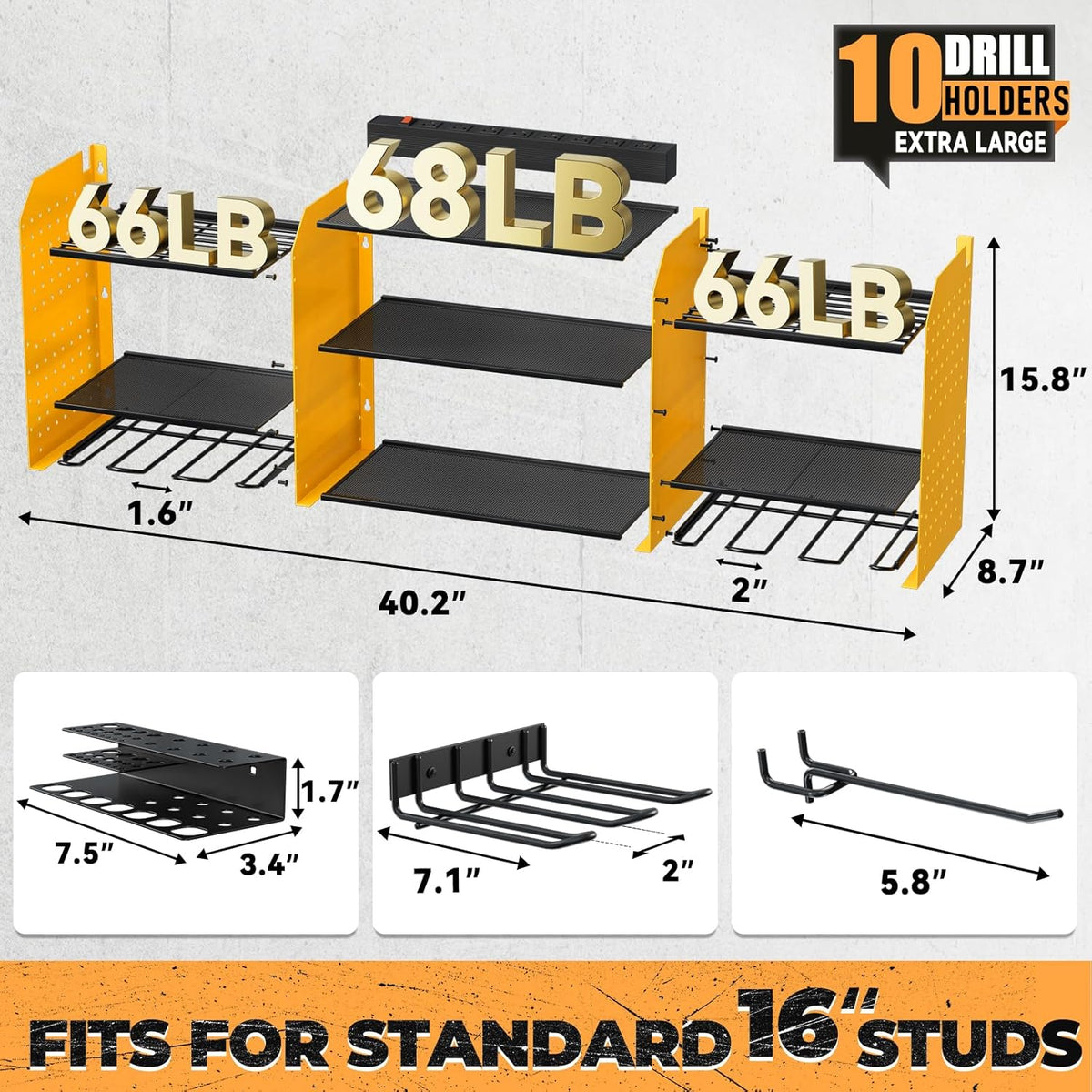 Upgrade Large Power Tool Organizer Wall Mount with Charging Station Tool Storage Rack with 6.5FT Power Strip 10 Drill Holder and Storage Rack for Garage Organization