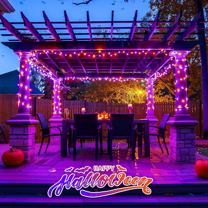 2 Pack Orange and Purple Halloween Lights, Total 151ft 400 LED Halloween Solar Lights Outdoor,8 Modes Solar String Lights Outdoor Waterproof