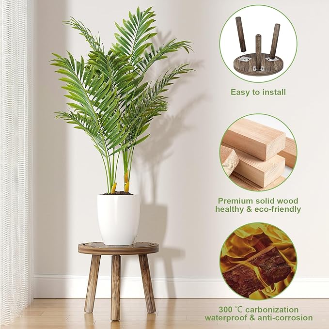 3-Pack Wood Plant Stands Indoor, Single Plant Stand for 6-12 Inch Pots, Mid-Century Modern Plant Stool, Tall Plant Stand for Large Plants for Living Room, Balcony, Office (Dark Brown)