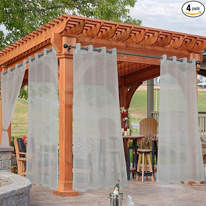 HolidayIdeas Outdoor Sheer Curtains for Patio Waterproof, 4 Panels - 54 x 84 Inch - Cloud Grey Light Filtering Voile Outside Curtains Grommet Drapes for Front Porch, Gazebo, Pergola, Backyard