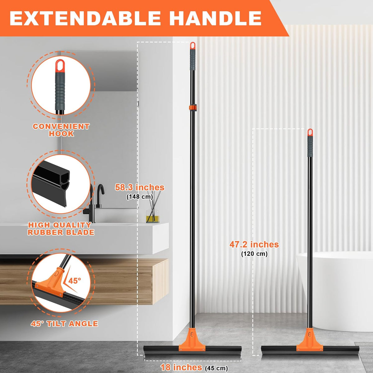 JEHONN Floor Squeegee Heavy Duty with 58.3 inches Long Handle, Rubber Scraper Broom for Cleaning Foam Water on Garage Concrete Bathroom Tile Marble Shower Glass Shop Deck Window Indoor Outdoor