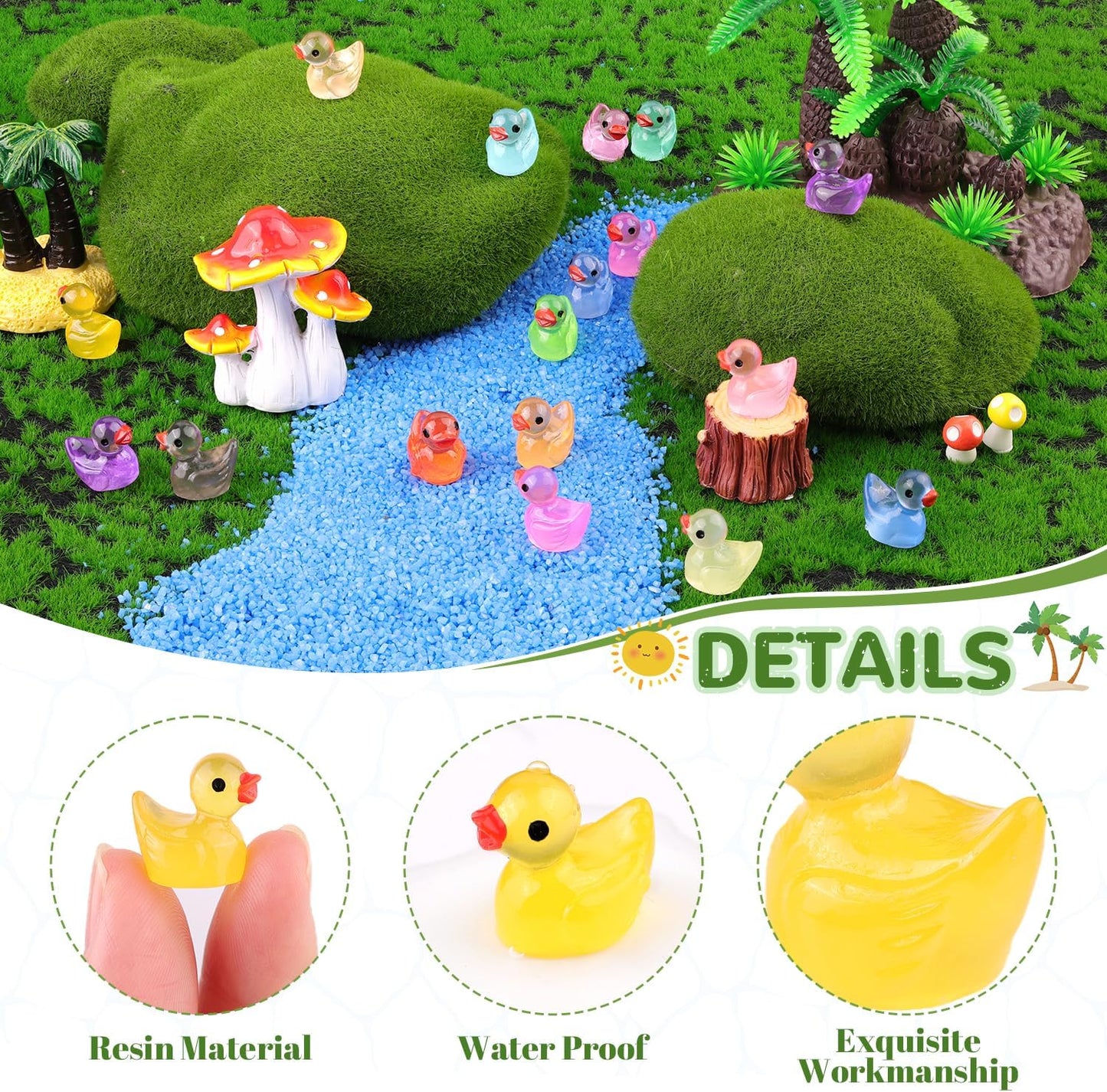 200PCS Mini Resin Animals Cute Tiny Ducks Glow in Dark,Miniature Duck Figures to Hide,Little Animal Toys Small Figurines Bulk for Topper Desk Garden Dollhouse Landscape Ornaments DIY Crafts & Decor
