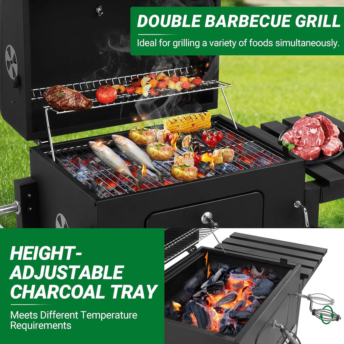 Outvita Large Barrel Charcoal BBQ Grills with 794 SQ.IN. Cooking Area, Outdoor Barbecue Grill with Adjustable Charcoal Tray & Foldable Side Table for Backyard Patio Picnic
