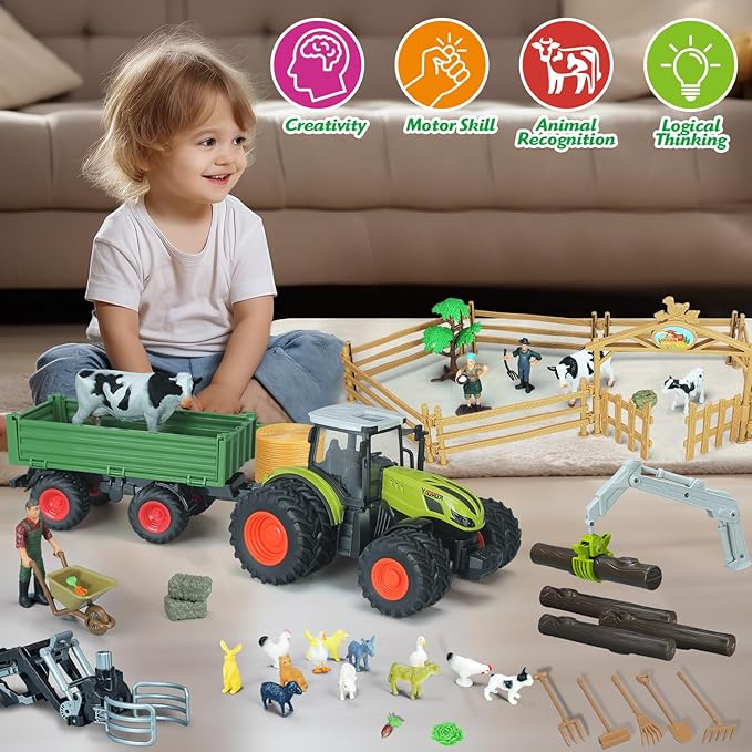 46Pcs Farm Toys, Tractor Toy w/Lights & Sound, Farm Animals Toys for 3 4 5 6 7 8+ Year Old Toddler Girls Boys Kid, Figures Farmer Vehicle Truck Fence Farm Playset Educational Learning Toys