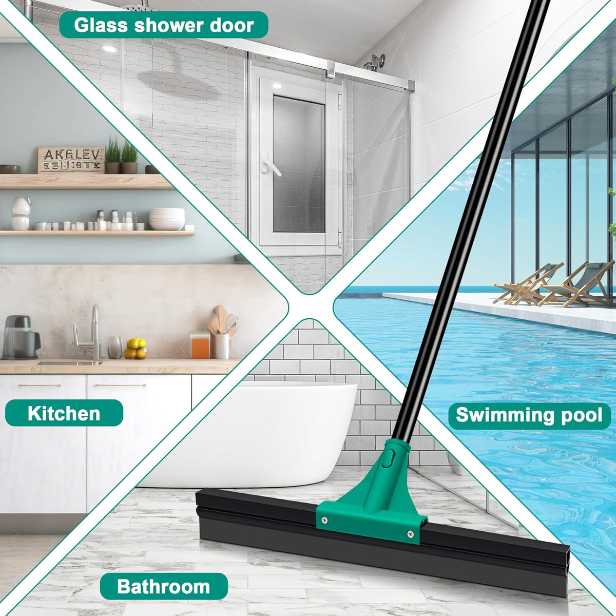 JEHONN Floor Squeegee Heavy Duty with 58.3 inches Long Handle, Rubber Scraper Broom for Cleaning Foam Water on Garage Concrete Bathroom Tile Marble Shower Glass Shop Deck Window Indoor Outdoor Green