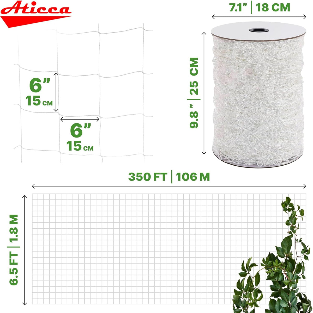 Trellis Netting 6.5 x 350 ft Heavy Duty Polyester Plant Support Netting White - 6 Inch Garden Rope Trellis on Roll - Mesh Twine for Growing Vine Climbing Plants, Flowers, Peas, and Tomatoes.